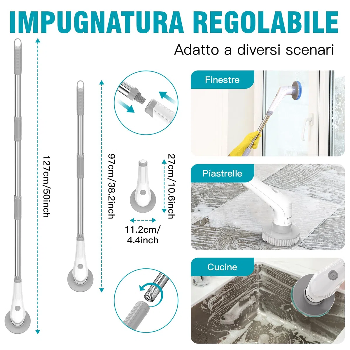 Spazzola Elettrica Rotante, [Nuova Versione] Homtronics Spazzola Elettrica per Pulizia, Impermeabile IPX8 Spazzola Rotante Pulizia Casa con 10 Testine Sostituibili per Bagno Vasca Cucina Auto