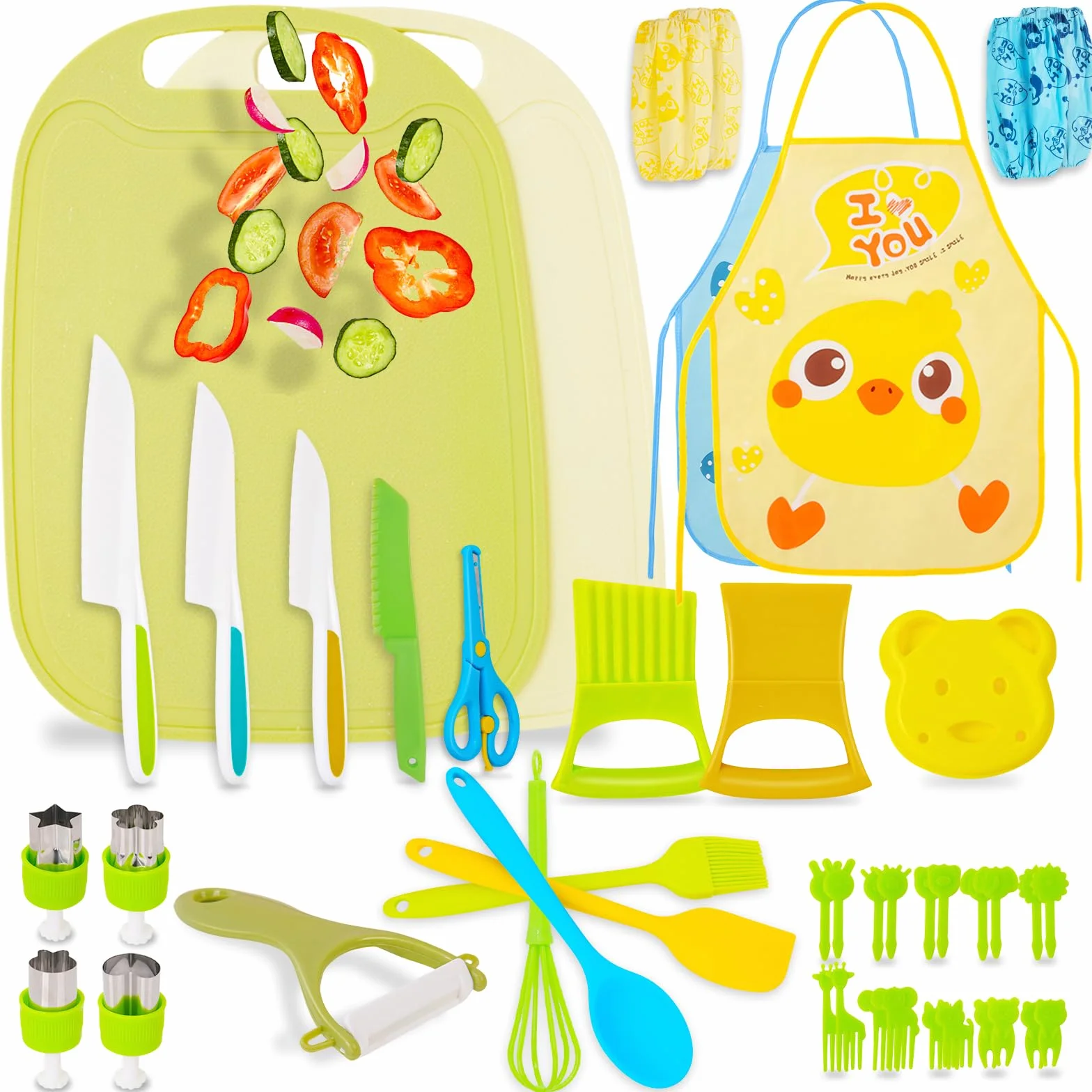 BEBOAN Set di 43 coltelli per bambini per una vera cucina, utensili da cucina Montessori per bambini di età 2-4 5-7 6-8 anni, set da cucina in plastica per bambini con coltello sicuro, taglierina