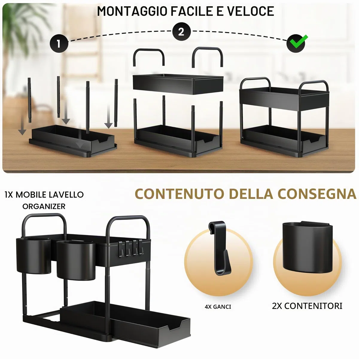 HELDENWERK Scaffale sotto lavandino per mobile sottolavello regolabile in altezza con 2 ripiani in nero I Organizer cucina mobile sotto portaspezie I Organizer mobile sottolavandino
