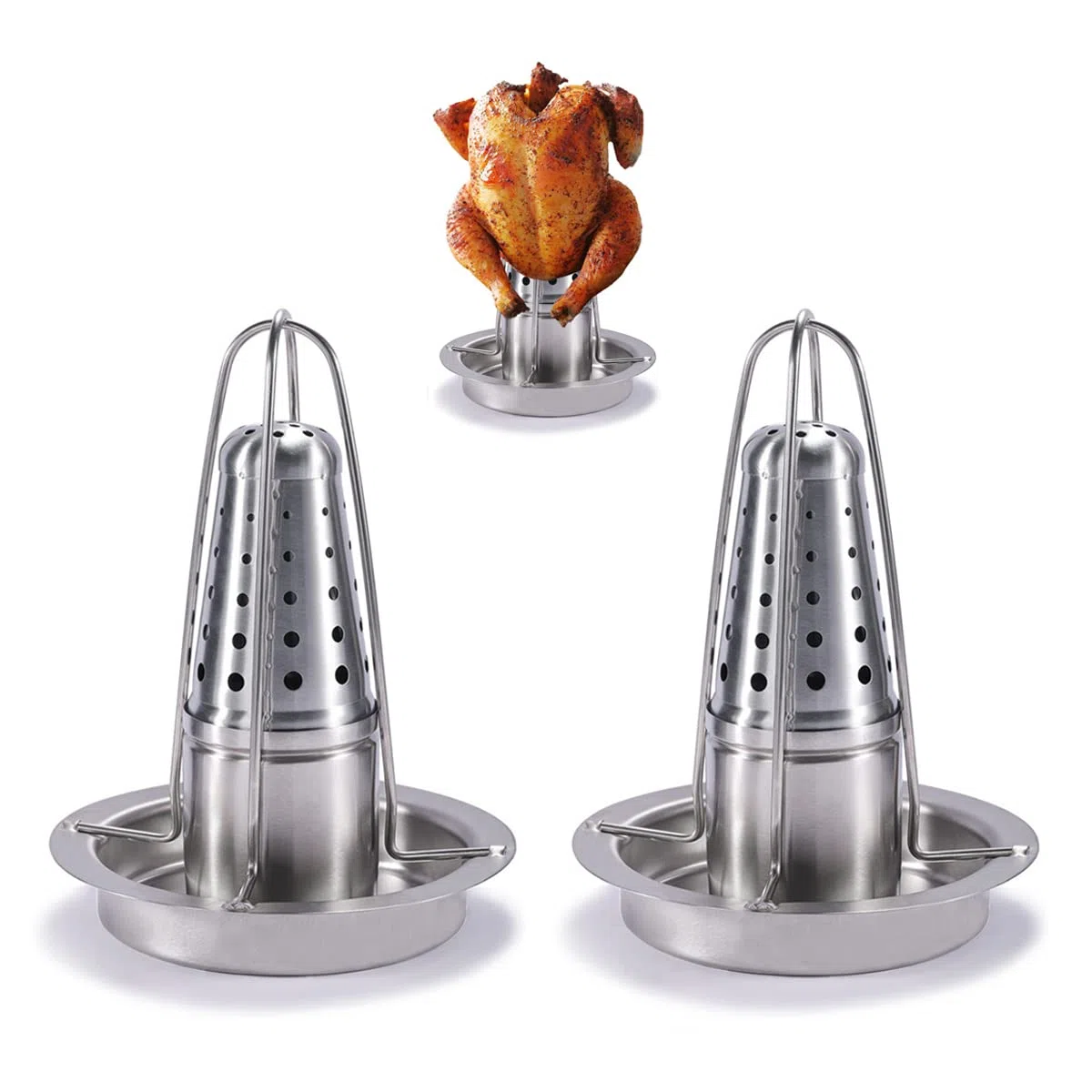 AMOZO Rostiera per pollo - Il nuovo supporto per pollo in acciaio inox 304 - Griglia per pollo alla birra - Griglia per polli con contenitore per aromi (2 pezzi)