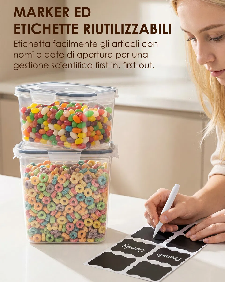 Contenitori ermetici per alimenti con coperchio, 24 pezzi, contenitori cucina impilabili senza BPA, barattoli per conservazione di farina, riso, pasta e cereali, per dispensa e organizzazione cucina