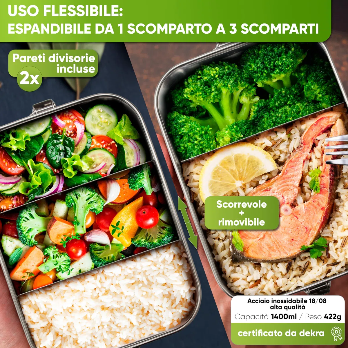 Blockhütte Lunch Box Acciaio Inox con 3 Scomparti Flessibili I 1400ml Contenitore Porta Pranzo acciaio I Bento Box, Portapranzo Ufficio, Schiscetta Pranzo per Adulti, Lunch Box ermetico