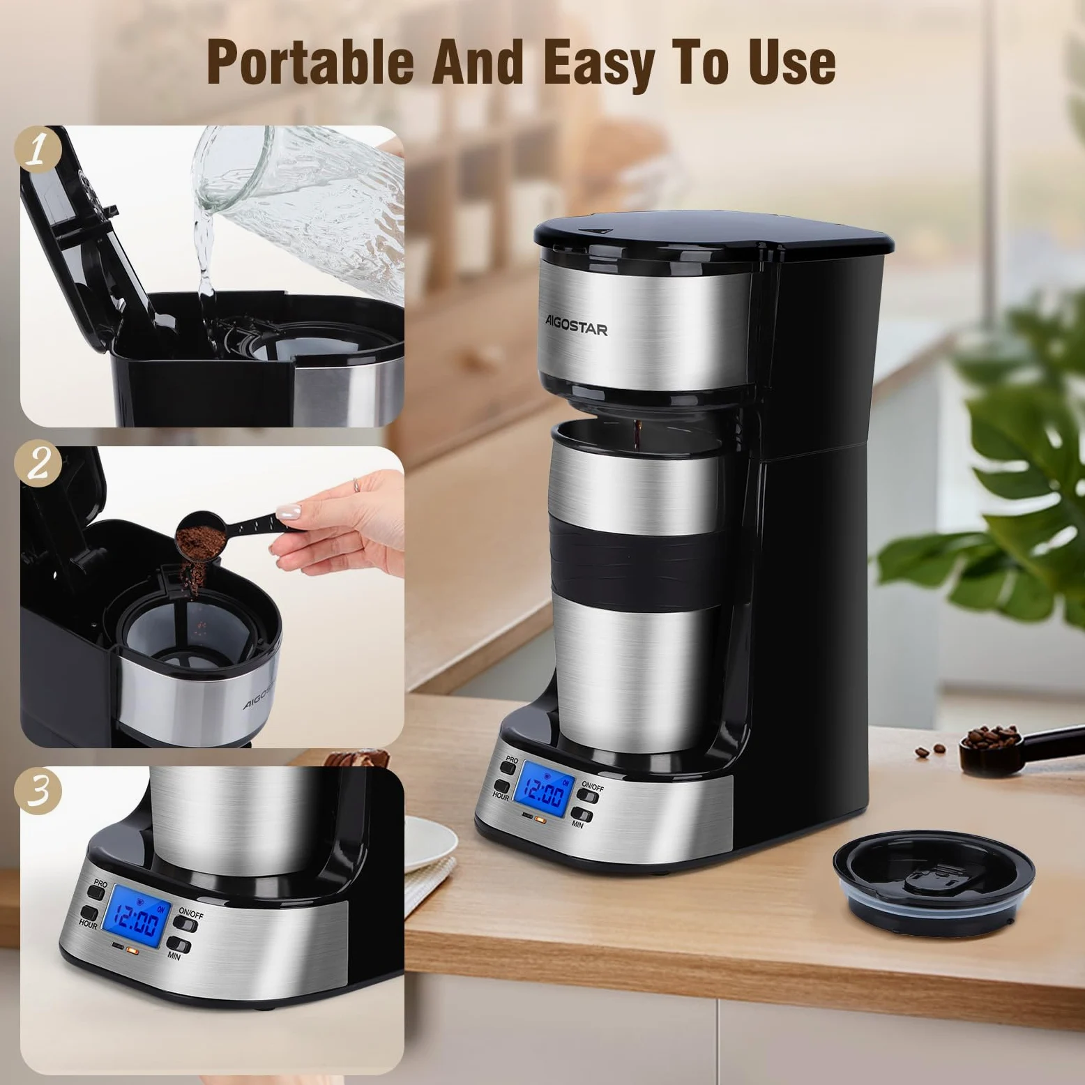 Aigostar - Macchina Caffè Americano a goccia con tazza isolata, Programmabile 24H, Schermo LCD, 420 ml, Funzione AutoPulizia, Caffettiera con filtro per 1 tazza riutilizzabile, 700W, 1 Tazza, Nero