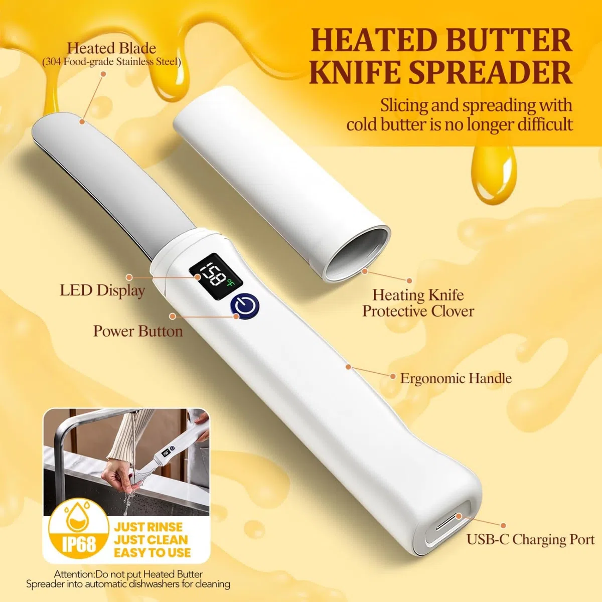 Coltello da burro riscaldante, in acciaio inox 304, con display intelligente in tempo reale, temperatura e batteria, doppia modalità di temperatura per formaggi, conserve, altre creme