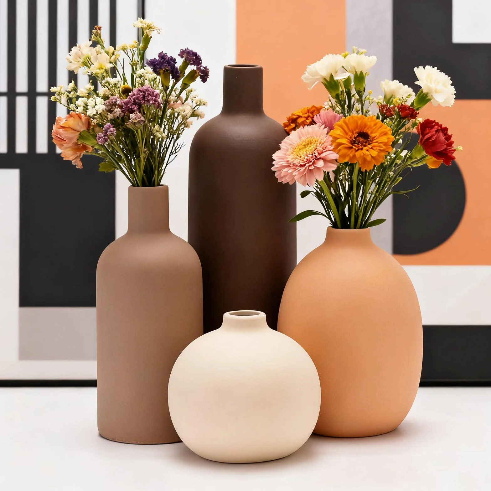 Set di 4 vasi in Ceramica,vasi in Ceramica per la Decorazione Domestica,Vaso Decorativo per Erba di Pampa e Fiori secchi,Decorazione per l'ingresso (Caffè,arancione,beige,marrone)