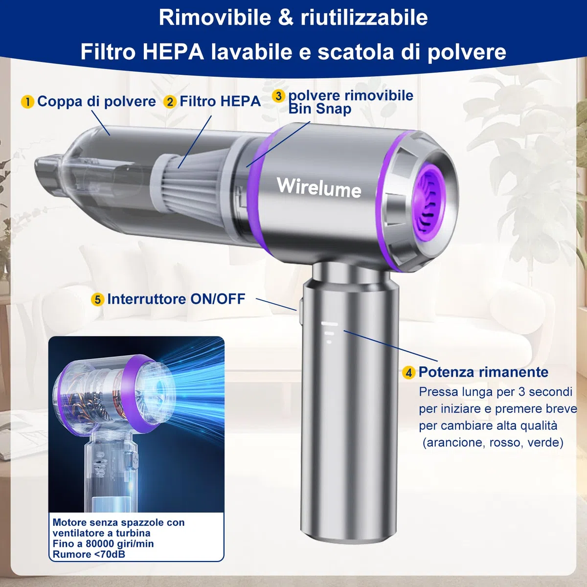 Aspirabriciole senza fili potente Aspirapolvere auto portatile 25000Pa forte aspirazione ciclonica soffiaggio motore brushless portatile ricaricabile leggero per peli di animali veicolo casa