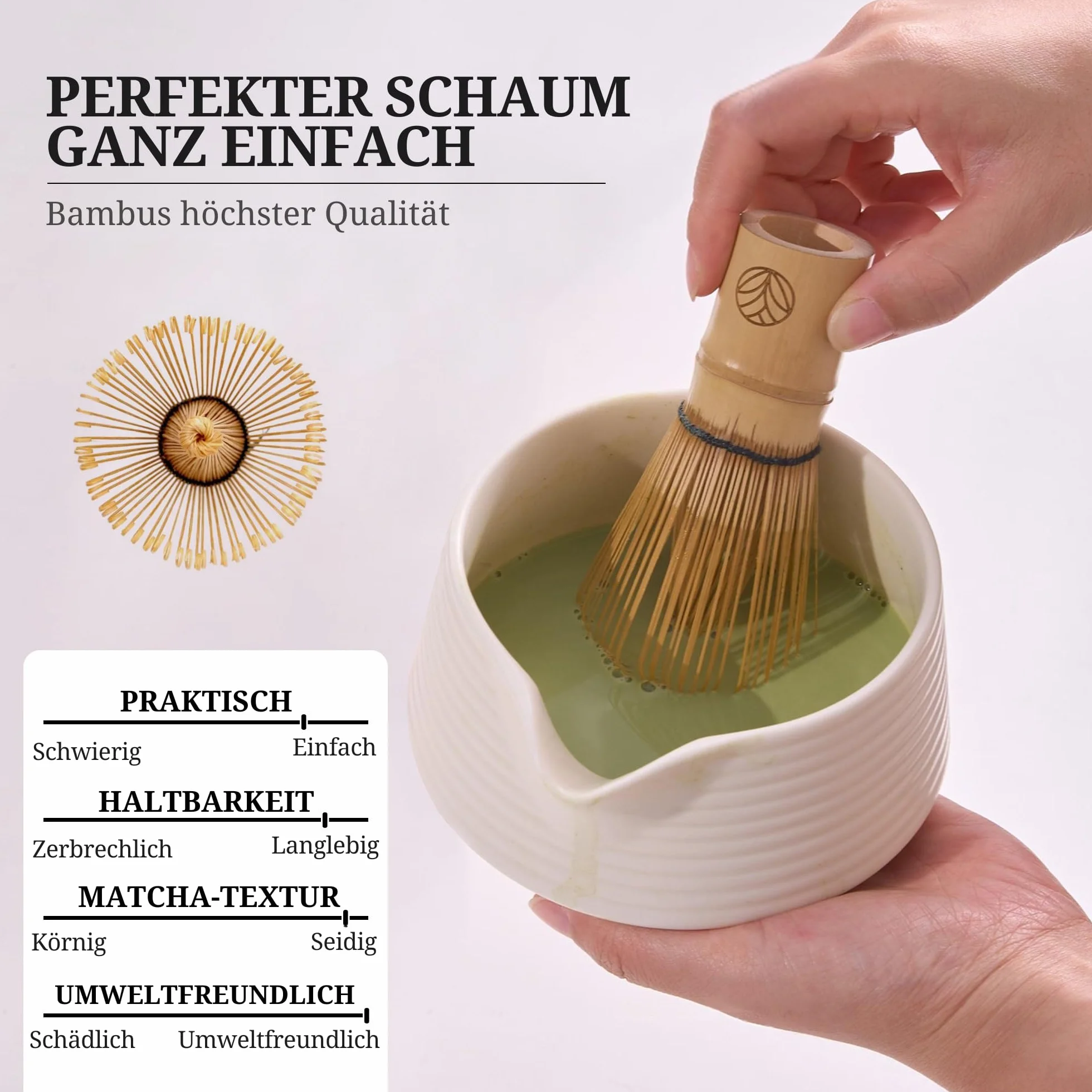 Matcha Set – Bianco – Set da tè Matcha – Scopa, ciotola, cucchiaio, scoop, colino, supporto e accessori – Kit Matcha Premium per gli amanti del matcha