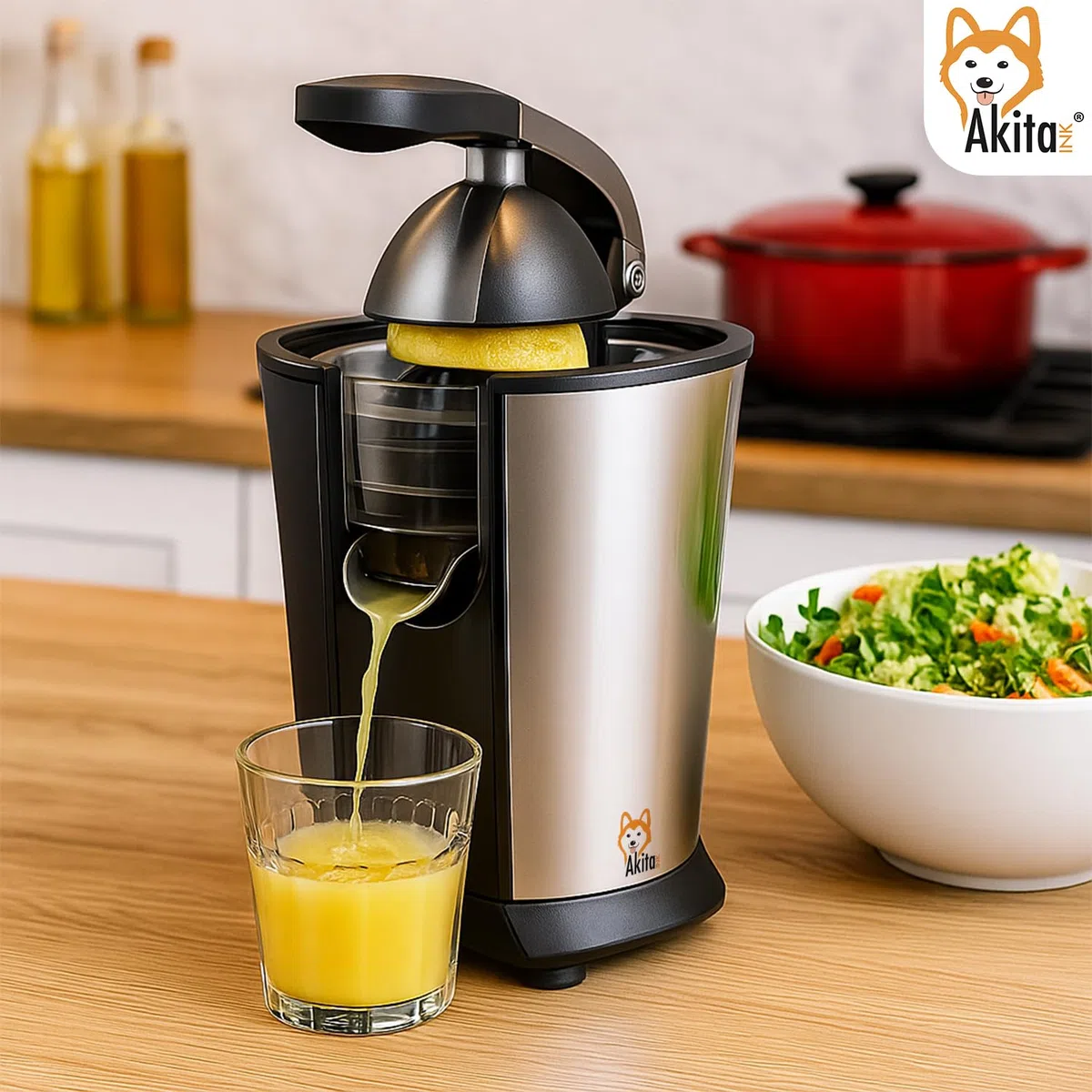 Akitaink Spremiagrumi Elettrico a Braccio 85W Acciaio Inox con Leva – Coni per Limone e Arancia Inclusi - Spremiagrumi Potente e Silenzioso