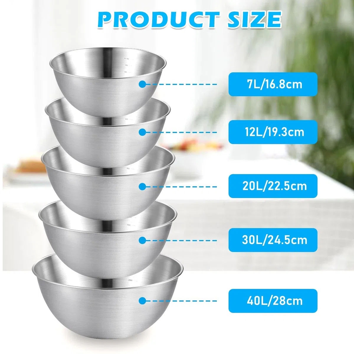 Confezione da 5 ciotole in acciaio inox, ciotola per insalata, ciotola in acciaio inox, ciotola per miscelazione, ciotola da cucina, 1 l, 1,5 l, 2 l, 2,5 l, 3,5 l, per la cucina, poco ingombrante