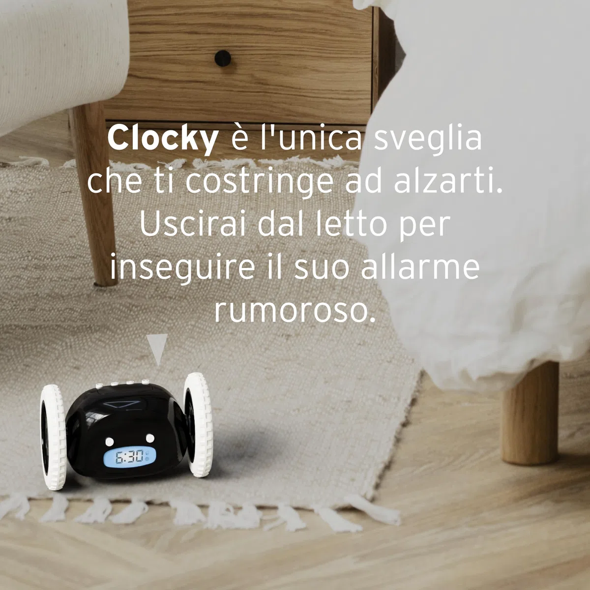CLOCKY Sveglia Rumorosa per chi ha il Sonno Pesante Dormiglioni Pesante Sordi Ruote Sveglia Digitale da Comodino per Dormienti Rumorissima Adulti Bambini che Scappa Cammina Regali Divertenti (Nero)