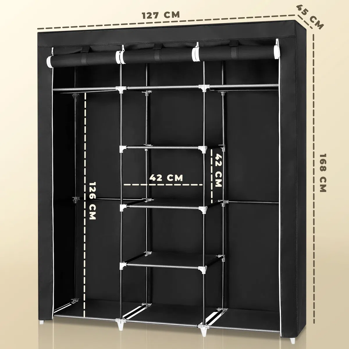 JUPPLIES Armadio in Tessuto Portatile 45x130x167 cm – Armadio Salvaspazio con Ripiani e Barra Appendiabiti – Guardaroba Pieghevole con Cerniera, Montaggio Facile Senza Attrezzi