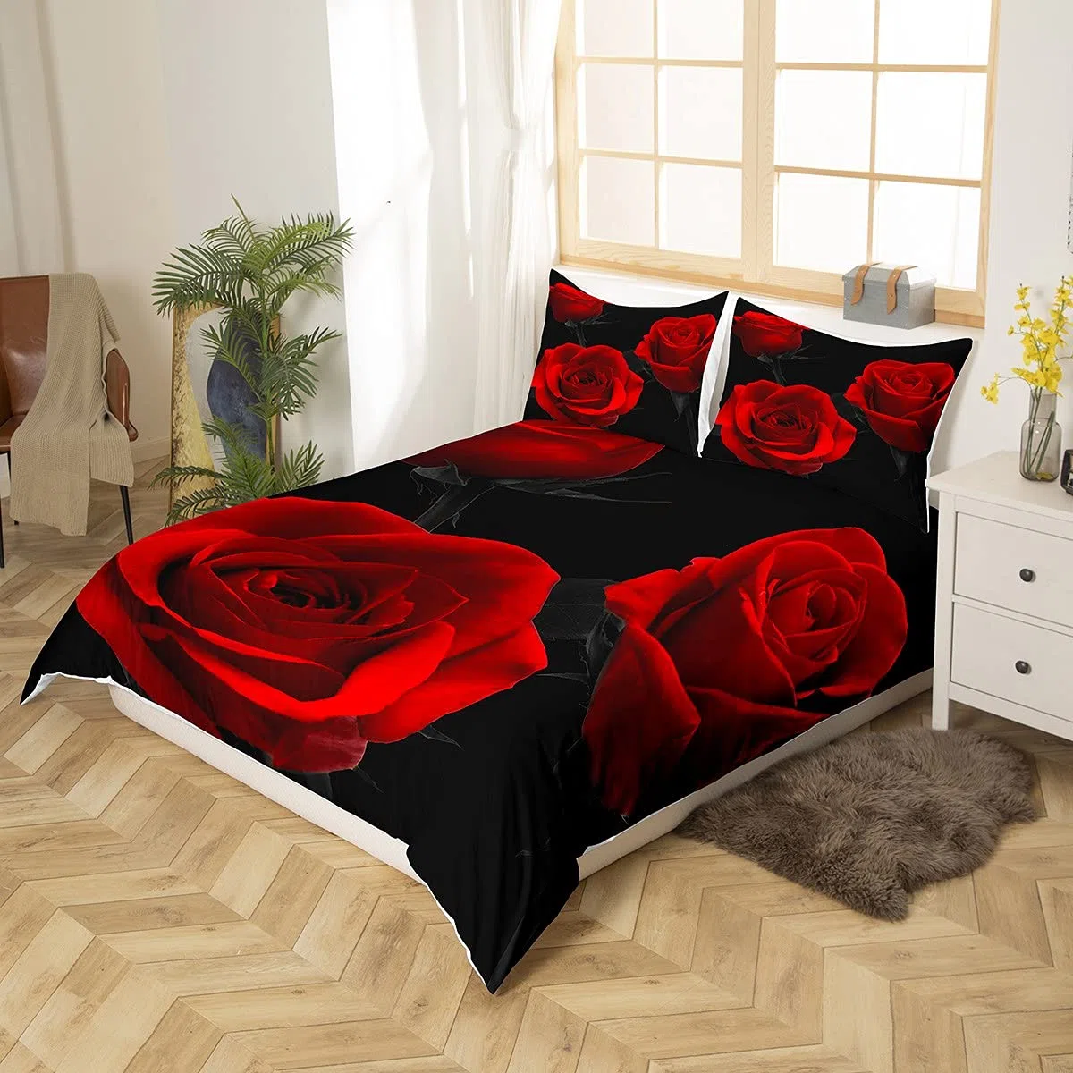 Set di biancheria da letto con rose rosse di lusso, copripiumino floreale per ragazze, donne, coppia, fiori romantici, copriletto per San Valentino, copripiumino rosso e nero, trapunta 3 pezzi, misura
