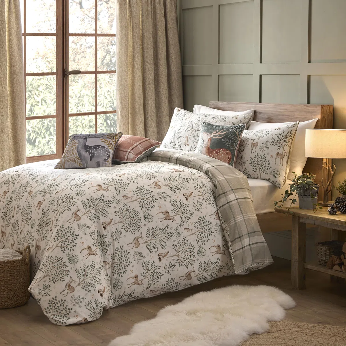Dreams & Drapes - Copripiumino Naturale Foresta Cervo - Letto Matrimoniale (200 x 200cm) - Design Reversibile - Super Morbido 100% Cotone - Copripiumino Flanella in Naturale - Biancheria da letto