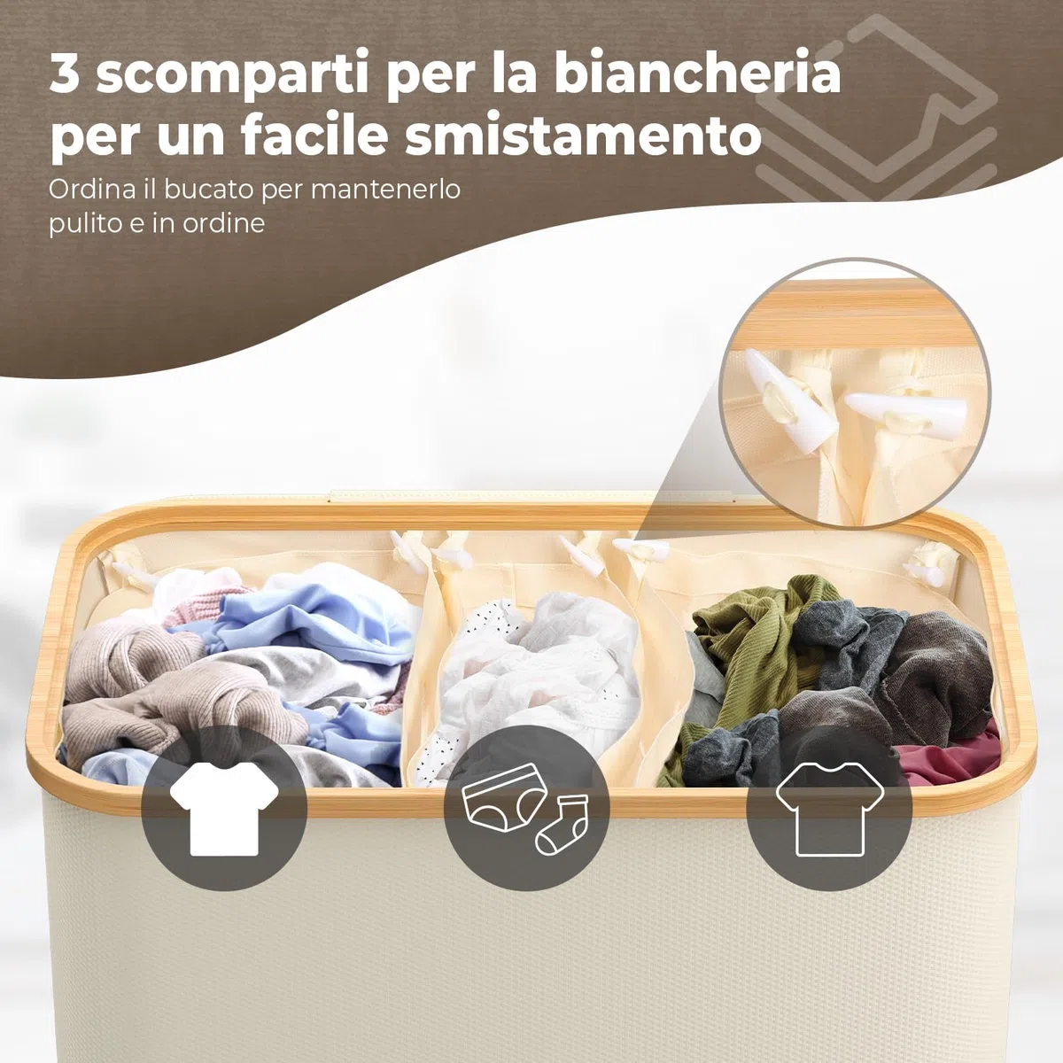 OUSFOT Cesto per la Biancheria con 3 Scomparti per Vestiti Sporchi Manico in bambù 158L con CoperchioTasca Posteriore Pieghevole in Rete Cesto per la Biancheria Beige