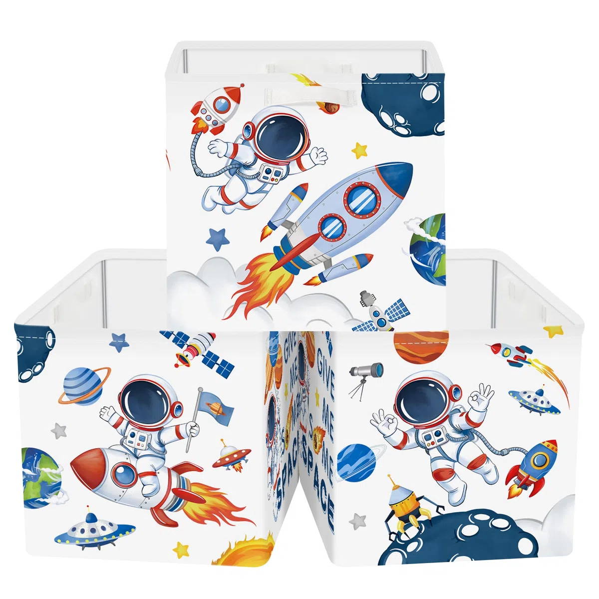 30cm Set di 3 Scatole Portaoggetti Spazio Cosmico Contenitore Porta Giochi Ragazzo Pieghevole Astronauta Cubi Portaoggetti per Libreria Kallax Salotto, Bianco