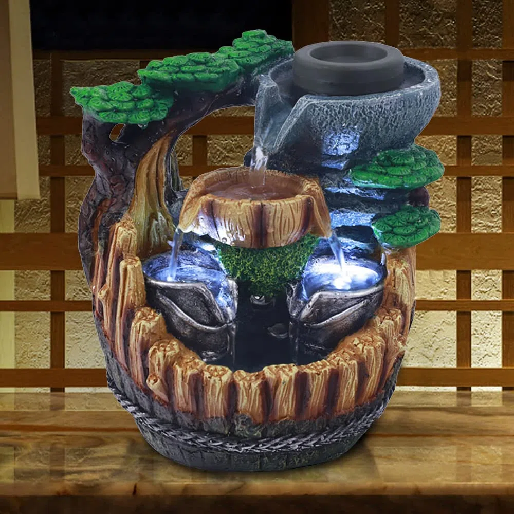 Fontana da scrivania con fontana da tavolo a LED, lampada da tavolo, fontana d'acqua, fontana a cascata, gioco d'acqua effetto pietra, ornamento Feng Shui Zen Fontana