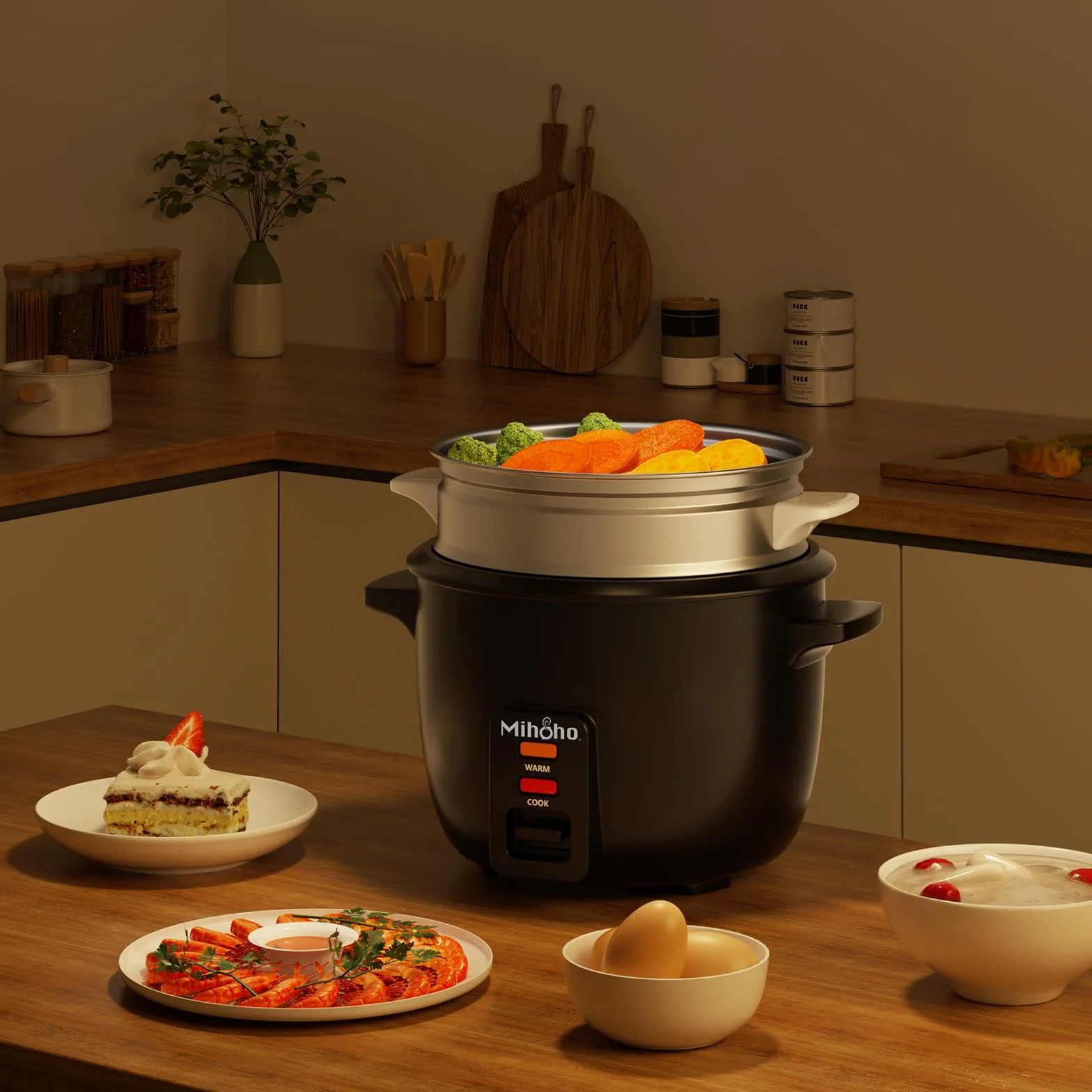 Cuociriso elettrico da 2 l, ciotola in acciaio inox con coperchio in vetro, funzione di mantenimento al caldo, funzione di cottura a vapore, con inserto per vapore, cucchiaio, misurino (nero F)