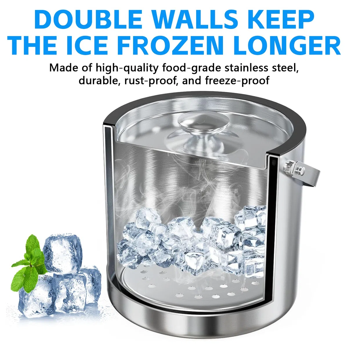 Tapvai Secchiello Ghiaccio 4L Acciaio Inox A Doppia Parete Isolante, con Coperchio in Silicone, Pinze E Filtro, Porta Ghiaccio per Secchi per Ghiaccio A Temperatura Costante in Feste, Cocktail E Bar