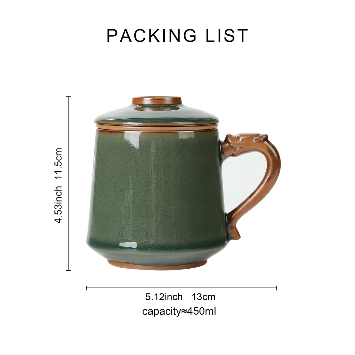 fanquare Tazza da Tè in Ceramica con Infusore e Coperchio Tazze da Tè Cinesi a Smalto Verde Tazza Grande per la Macerazione del Tè per Regali Casa 450ml