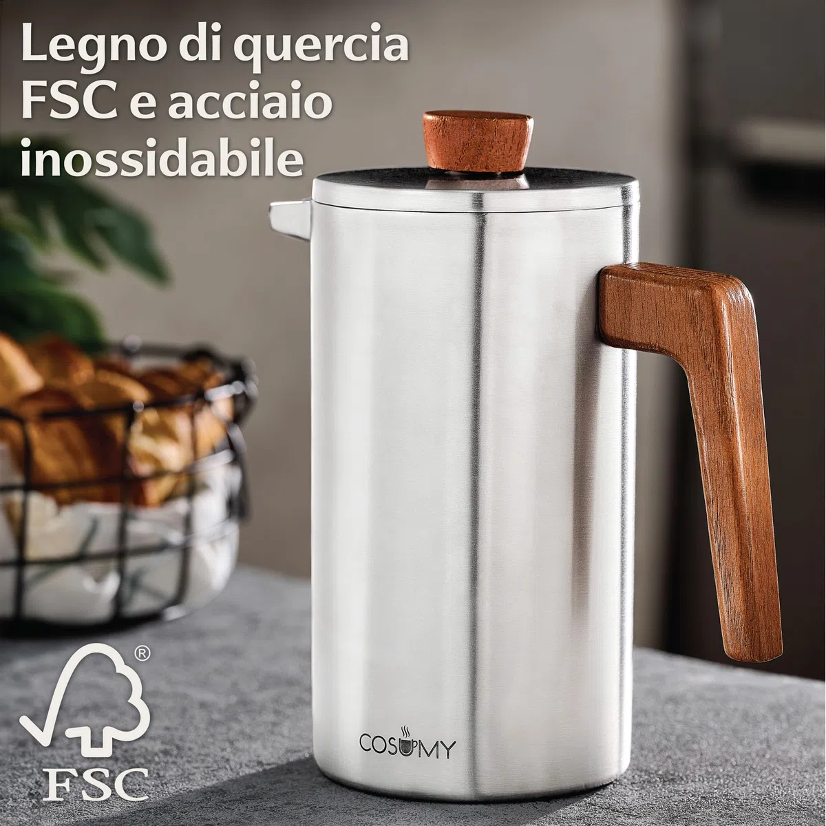Cosumy French Press Caffettiera francese 1l - Doppia parete a Acciaio Inox e FSC legno - Mantiene caldo il caffe - 5 Tazze