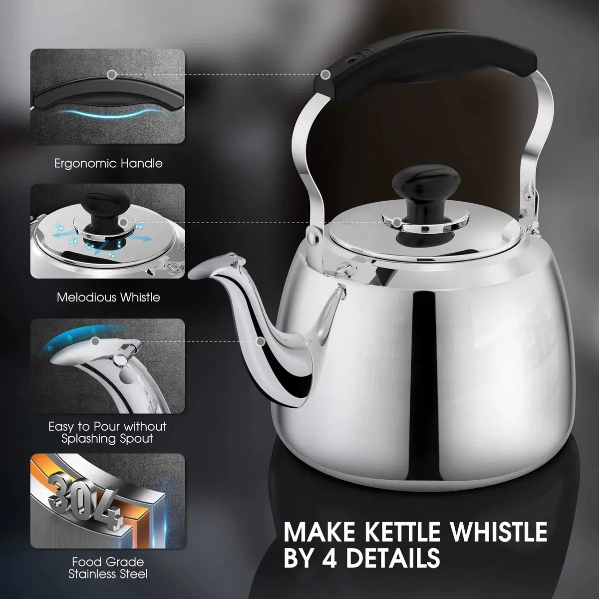bollitore per stufa a legna gas 3L 4L 5L 6L 7L Teiera in acciaio inox per uso domestico e cucina, adatto per tutti i tipi di piano cottura/stufa, per preparare caffè, tè ed espresso, 6L