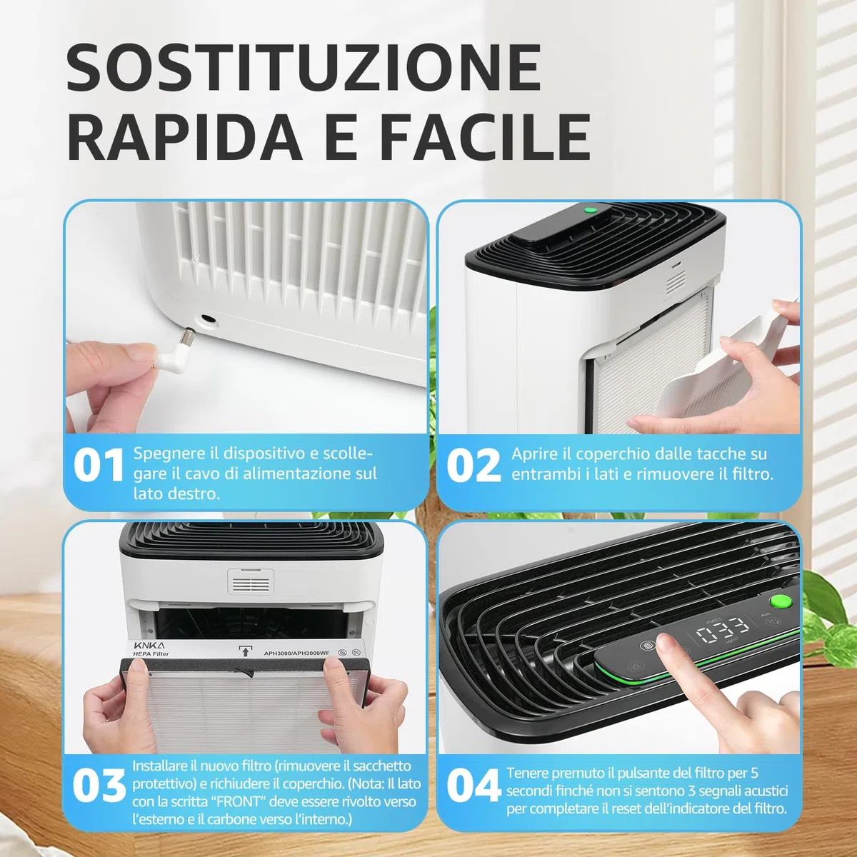 KNKA Filtro di Ricambio per Purificatore d'Aria APH3000, Confezione da 2 Filtri Combinati HEPA & Carbone Attivo, Rimuove 99,97% Polvere, Polline & Odori, Durevole