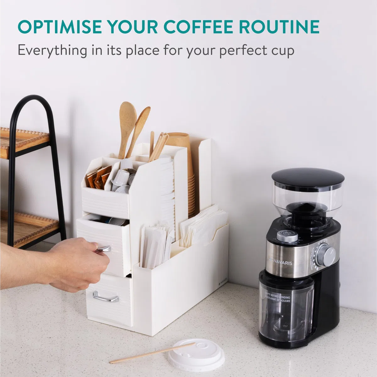 Navaris Organizzatore Professionale per Caffetteria - Cassettiera Verticale Multiscomparto - per Bicchieri Cannucce Tovaglioli Posate Bustine Zucchero - Crema