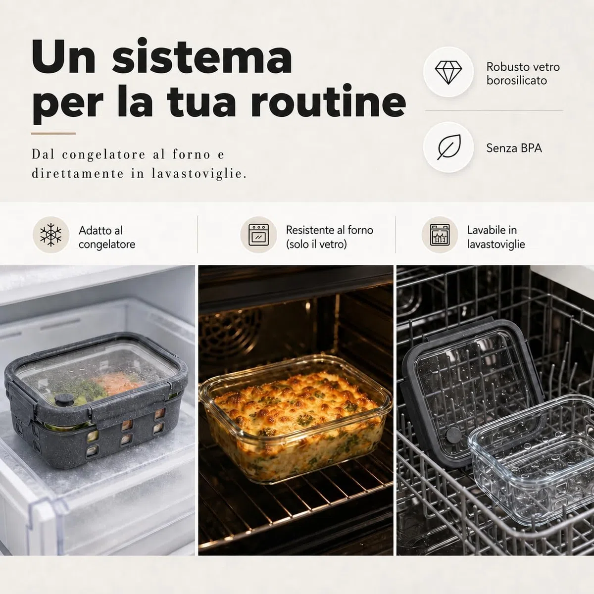 Meal Prep Contenitori Set 1x640ml, 1x 1050ml, 1x1520ml – Vetro borosilicato, ermetici, impilabili, microonde con valvola vapore, protezione silicone, contenitori vetro per alimenti