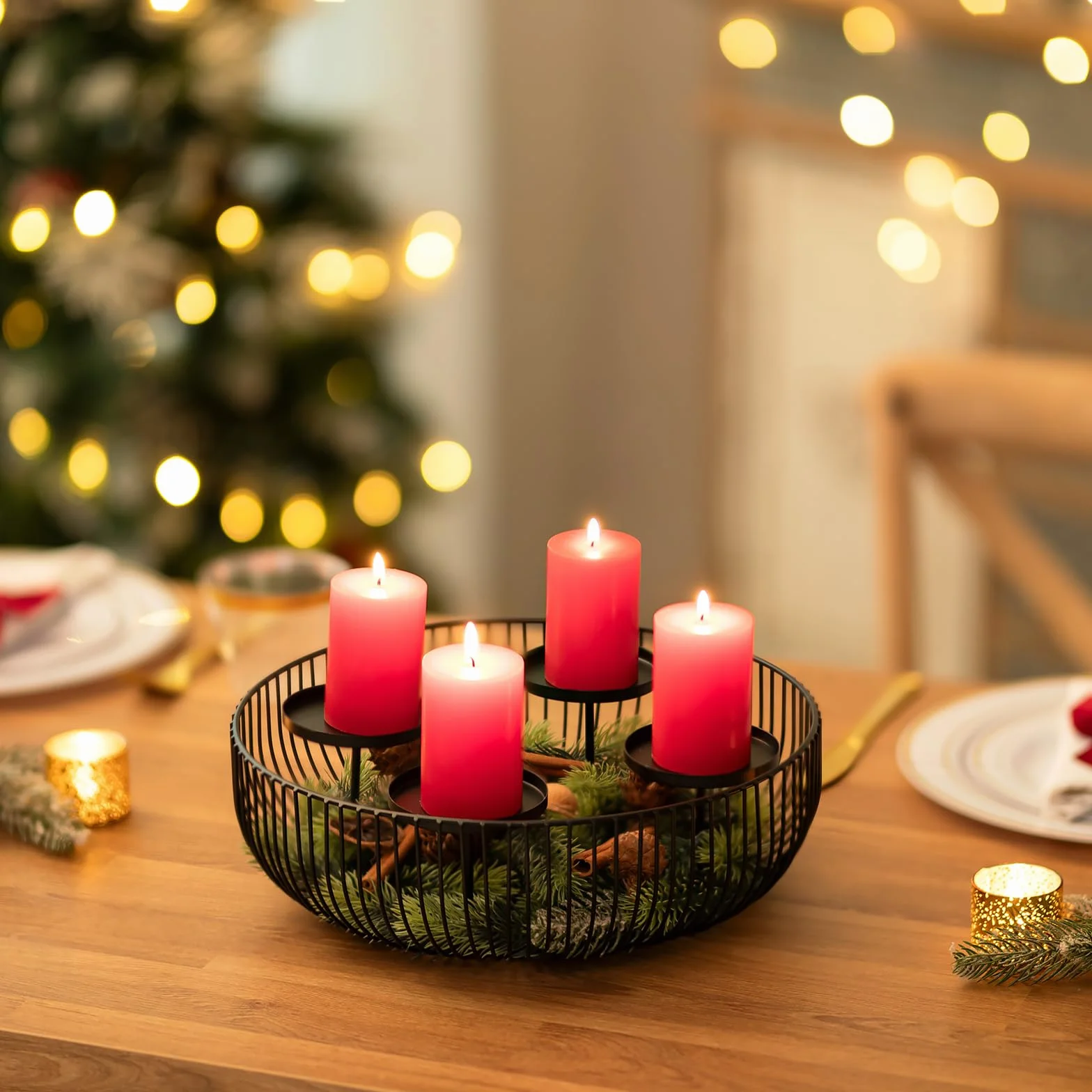 Sziqiqi Portacandele Corona Avvento Moderna Metallo, Black Advent Arrangement Advent per 4 Candele a Colonna, Candelabri Corona d'Avvento Rotonda per Decorazione Natalizia Avvento