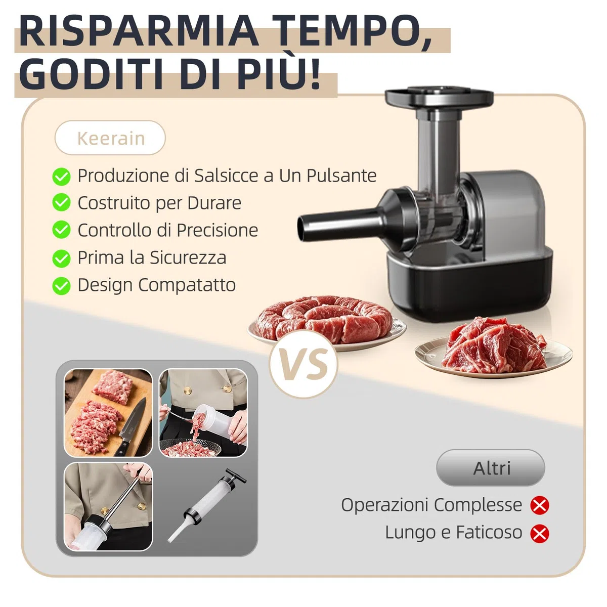 Insaccatrice Elettrica per Salsicce con Tritacarne Elettrico, 3 Tubi per Insaccamento e 1 Tubo per Polpette, Macchina per Salsicce Fatte in Casa Adatta a Hot Dog, Manzo, Pollo e Maiale Meat Grinders