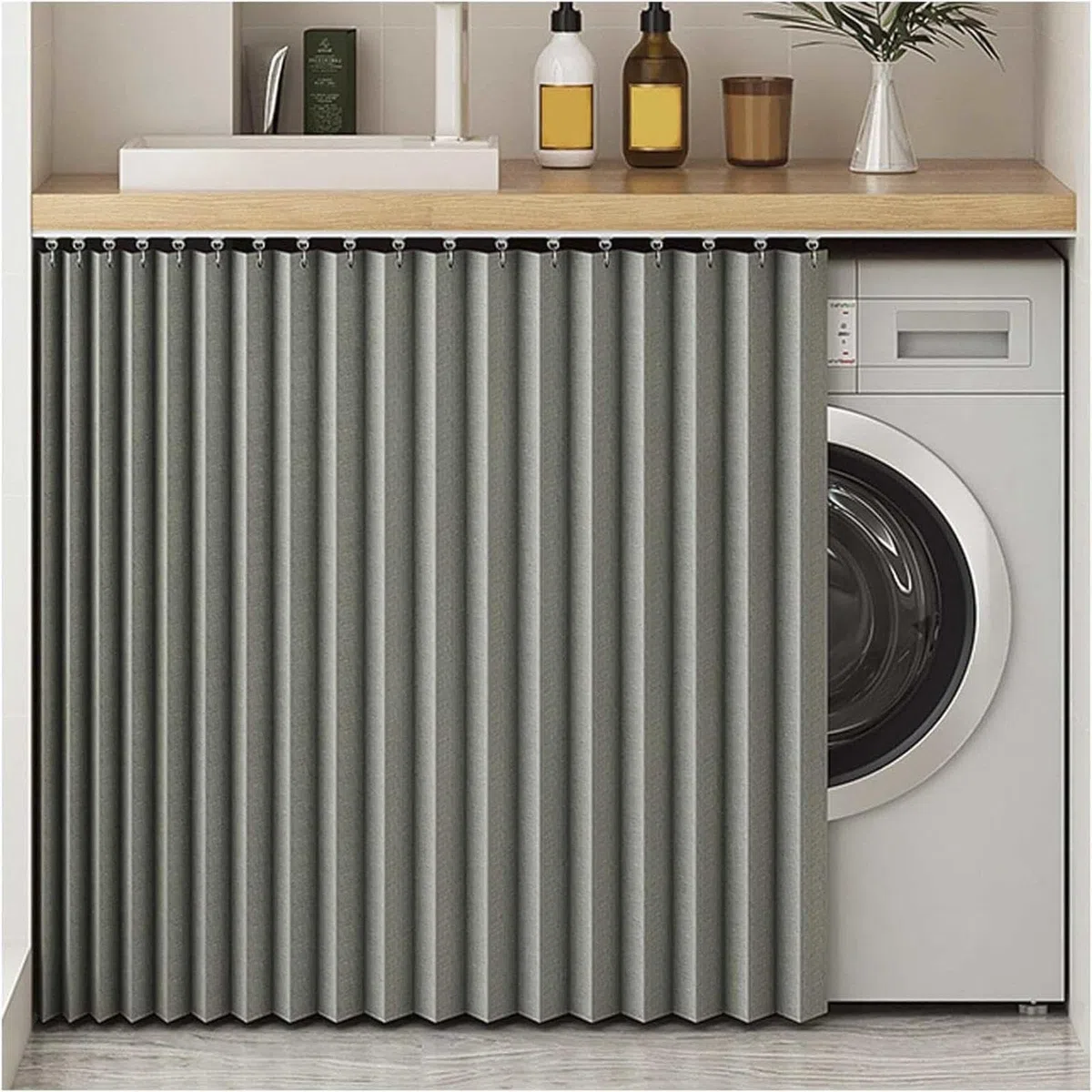 Tendina Sottolavello Cucina Con Binario Tenda Per Armadietti Da Cucina, Tenda Antipolvere, Pieghevole Per Armadi, Bagni e Lavatrici,Grey-W90cm/H90cm