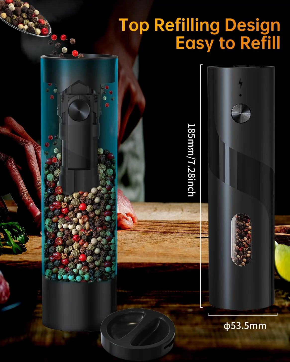 CIRCLE JOY Set Macina Sale e Pepe Elettrico Ricaricabile con Base di Ricarica, Capacità 110 ml, Grana Regolabile e Luce LED Bianca, Nero
