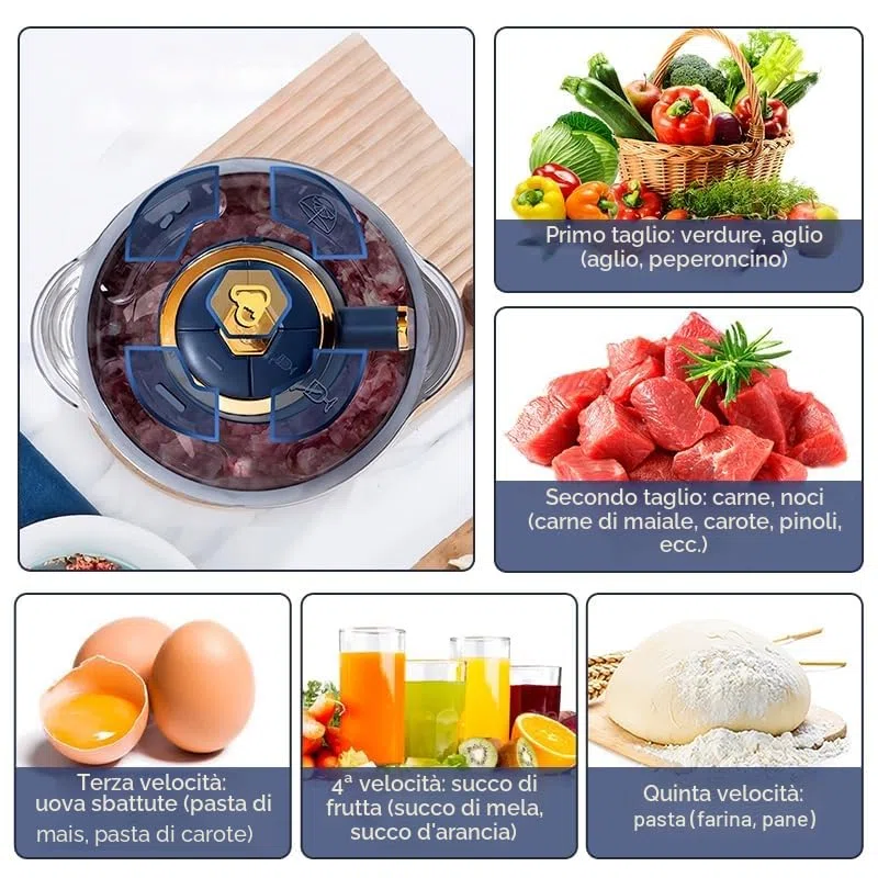 Tritatutto elettrico 500 W, tritacarne 5 l con 5 velocità e 6 lame in acciaio inox, mini tritacarne universale per carne, cipolle, frutta, verdura, alimenti per bambini