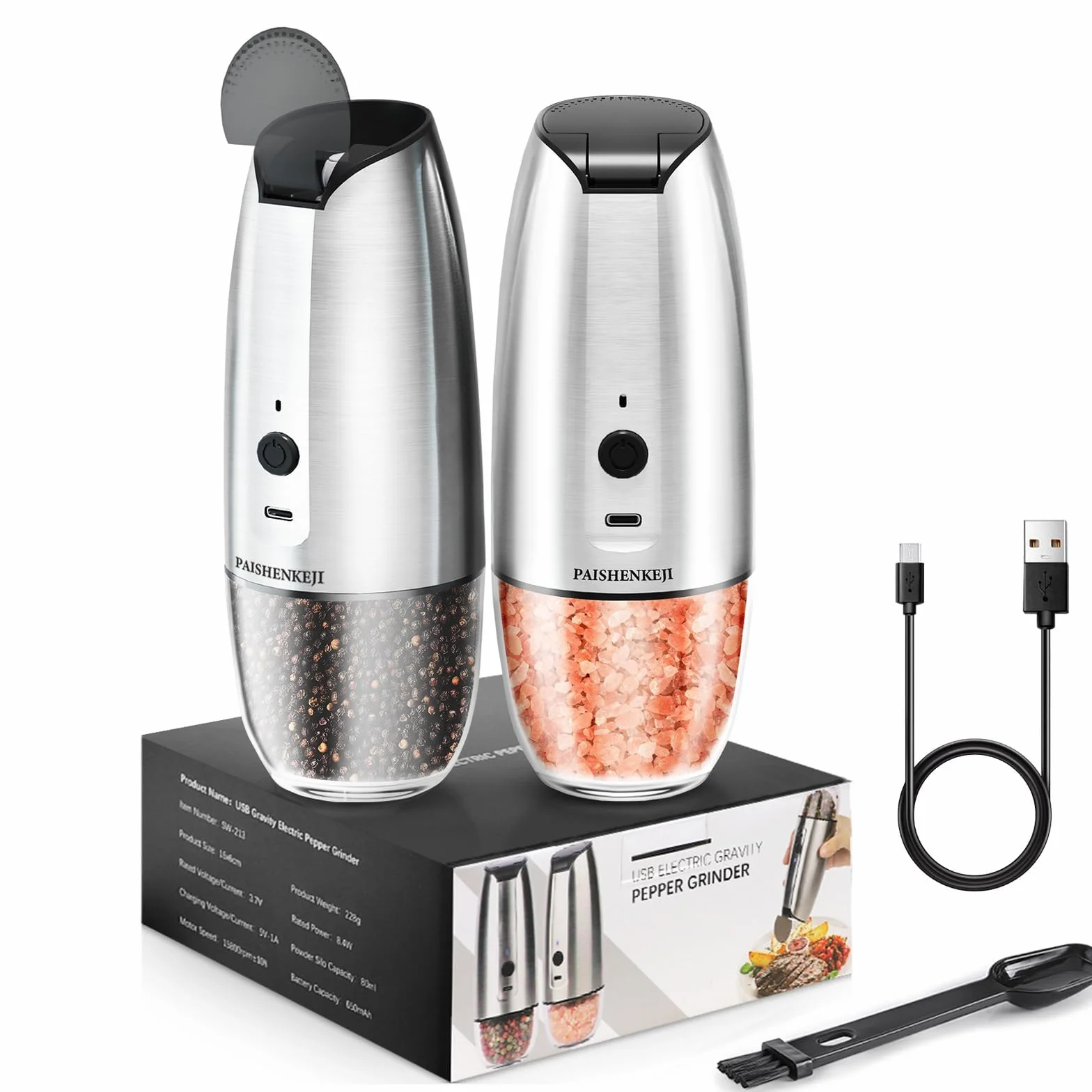 Macina Sale Pepe Elettrico Set: - Macina Pepe USB Ricaricabile con luce LED, Automatica Gravità Macinapepe Elettrico con Funzionamento di una Mano e Rugosità Regolabile
