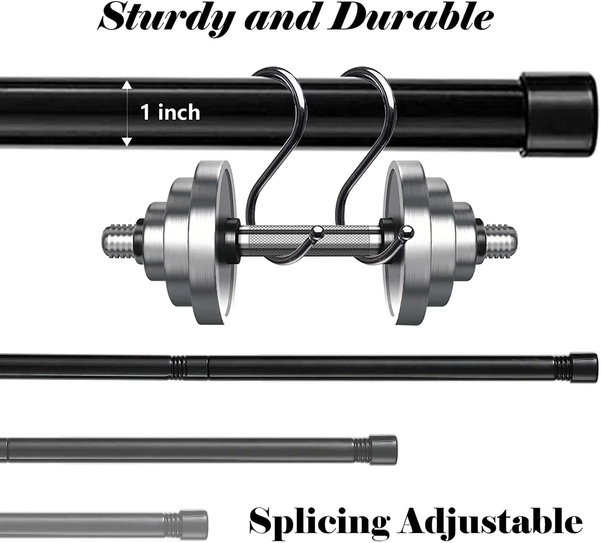 Bastone per Tenda, 76-365 cm Aste per Tende per Finestra con Manopole a Cappuccio con Staffe, Bastone per Tende Regolabile Set di Ferramenta in Acciaio Inossidabile Finestra della Camera/Nero