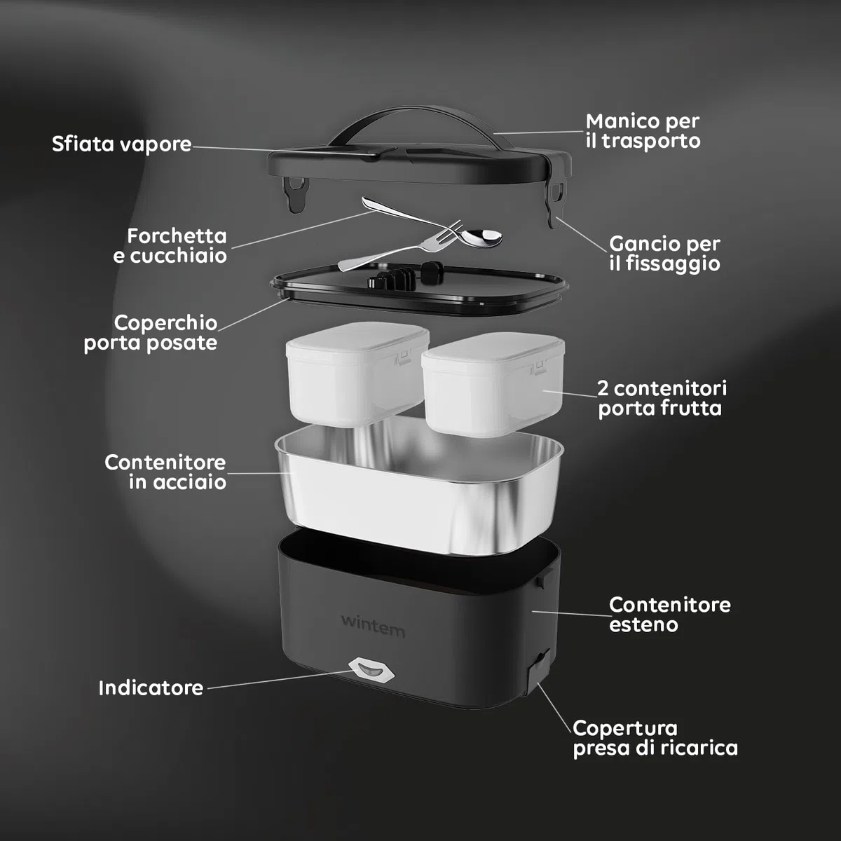 Avilia - Porta Pranzo Lunchy+ 3 in 1 Elettrico in Acciaio Inox con Posate, Scaldavivande da 80W Termico per Casa, Ufficio e Auto, Contenitori Ermetici e Doppia Presa 220V/12V