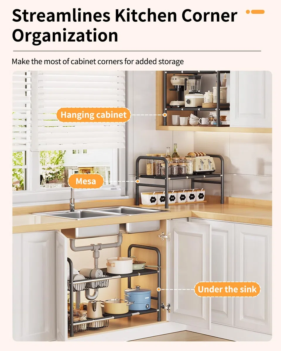Organizer Cucina – Dimensioni Regolabili da 49 x 25 x (52,5~88) cm, Ripiano Estensibile Sottolavello in Acciaio Inox, Organizzatore Sottolavello Cucina (8 Pannelli)