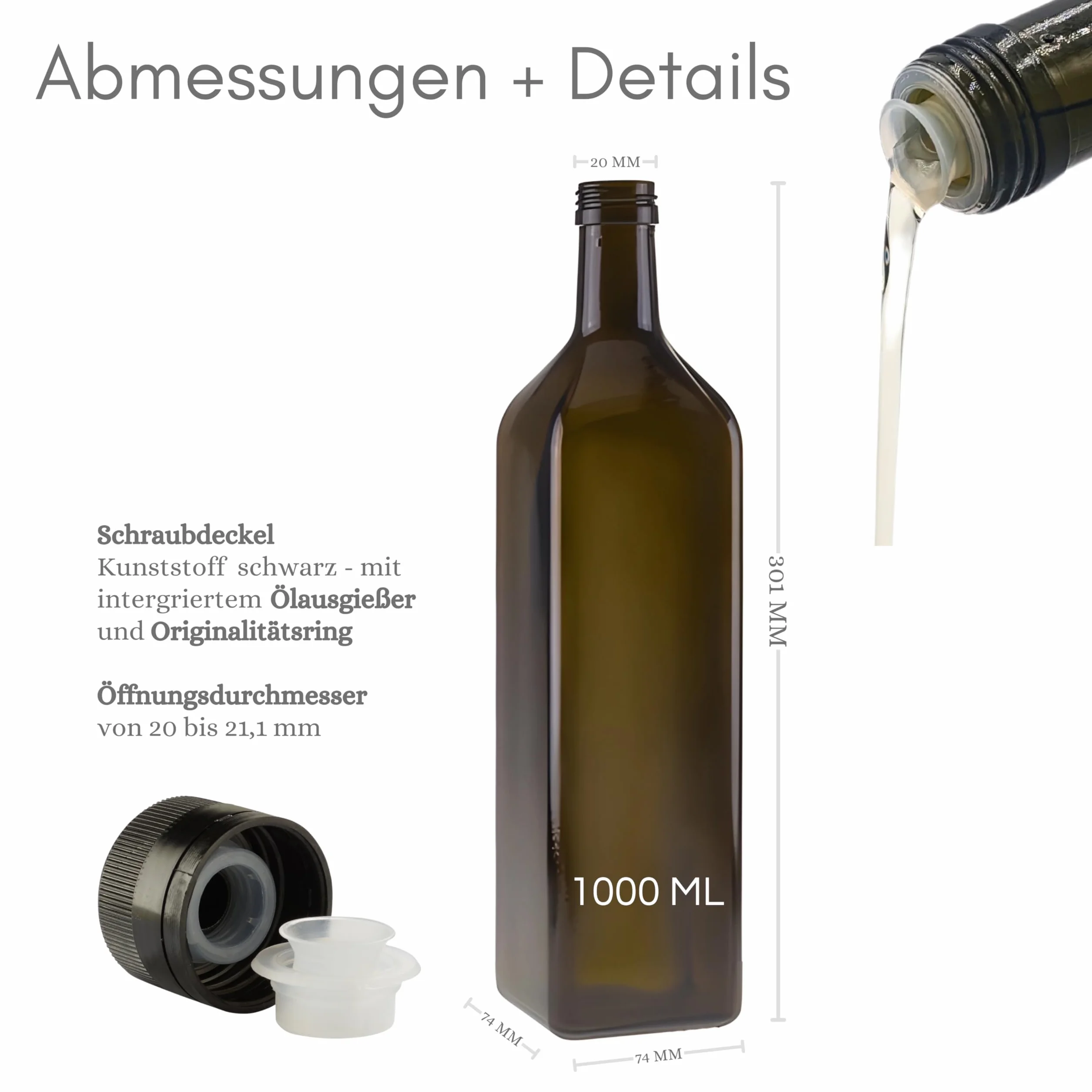 4 bottiglie di olio da 1000 ml in vetro, con beccuccio integrato in plastica ed etichette