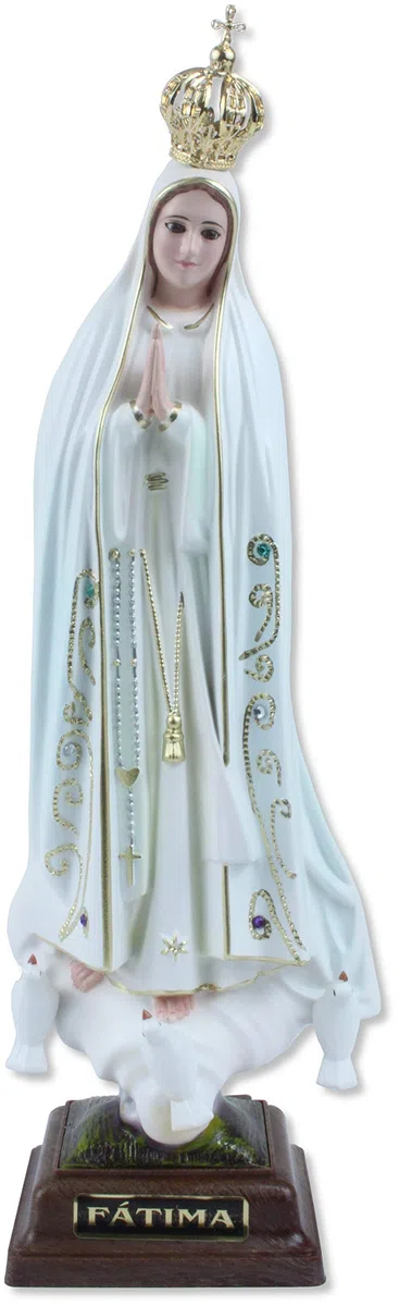 Statua della Madonna di Fatima in resina dipinta a mano con occhi in vetro. Altezza cm 27