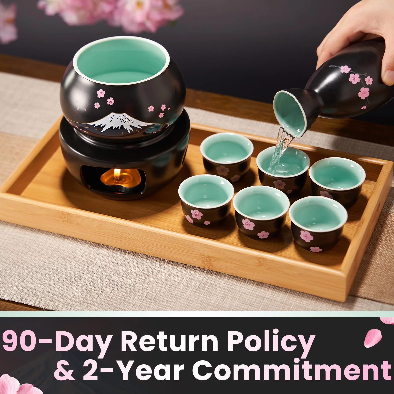 DUJUST Set da sake giapponese da 10 pezzi con scaldino, set da sake in porcellana con disegno Sakura & Fuji, 6 tazze da sake, 1 bottiglia, 1 scaldino, 1 fornello a candela, 1 vassoio e 1 scatola, Nero