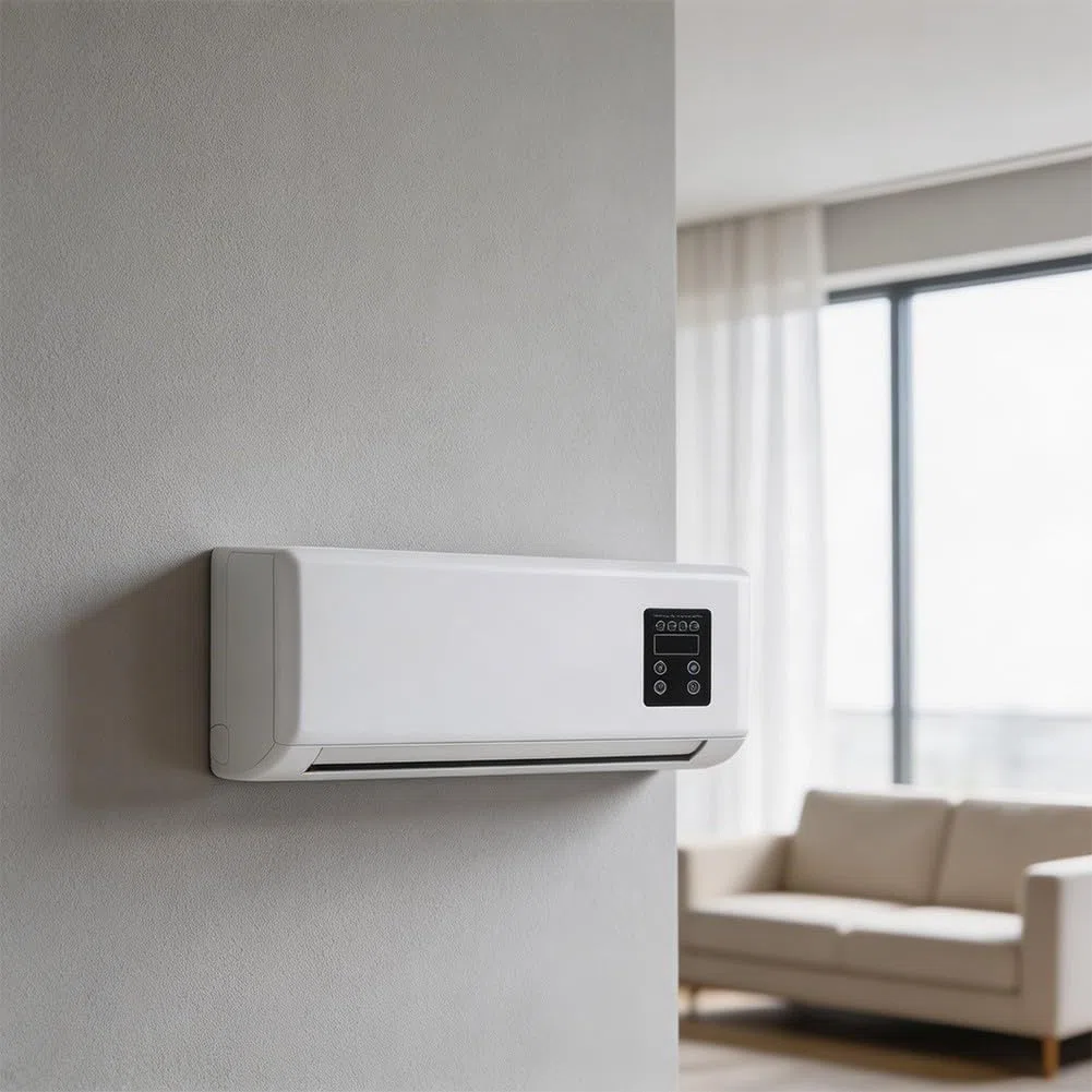 Ventilatore condizionatore da parete 2 in 1, unità di riscaldamento e raffreddamento, silenziosa camera da letto e bagno, compatto salvaspazio con modalità brezza naturale, bianco, 42 x 18