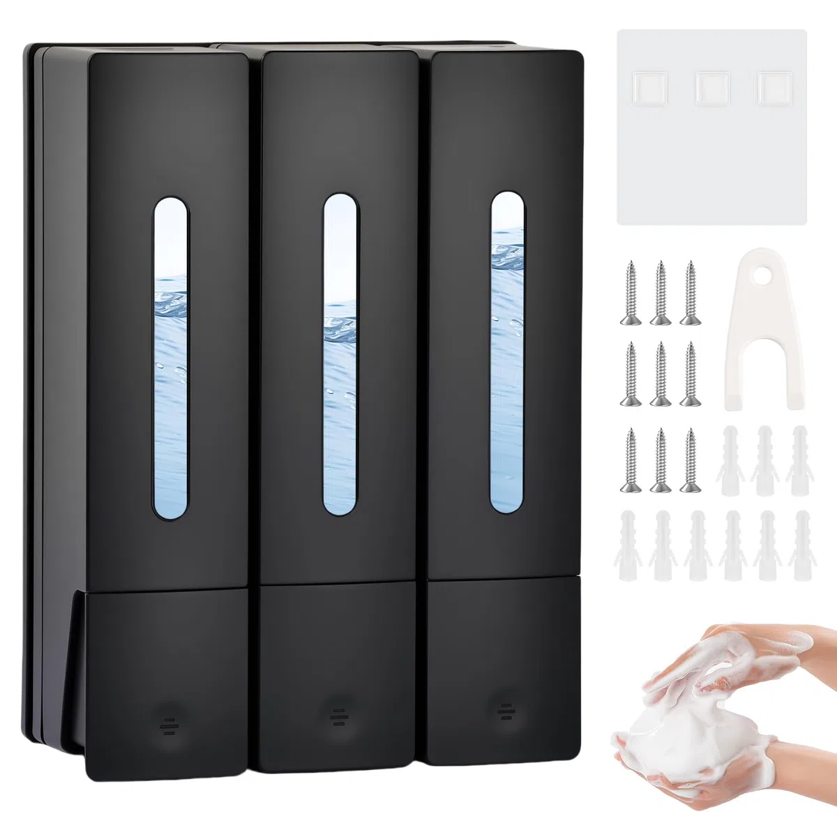 Dispenser Doccia Muro, Dosatore Sapone Bagno a Parete 400ML, Dispenser Shampoo e Bagnoschiuma Adesivo, Senza Foratura per Gel Doccia Cucine Bagni, Nero (3 Camere)