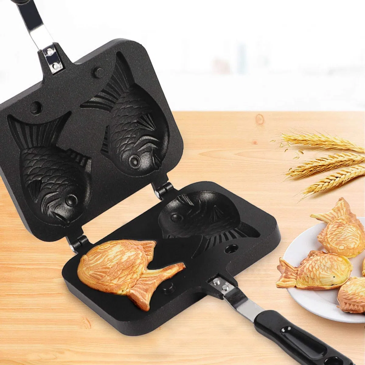 Joyzan Padella per Waffle a Forma di Pesce Antiaderente in Acciaio Inossidabile, Design Tradizionale, Nero