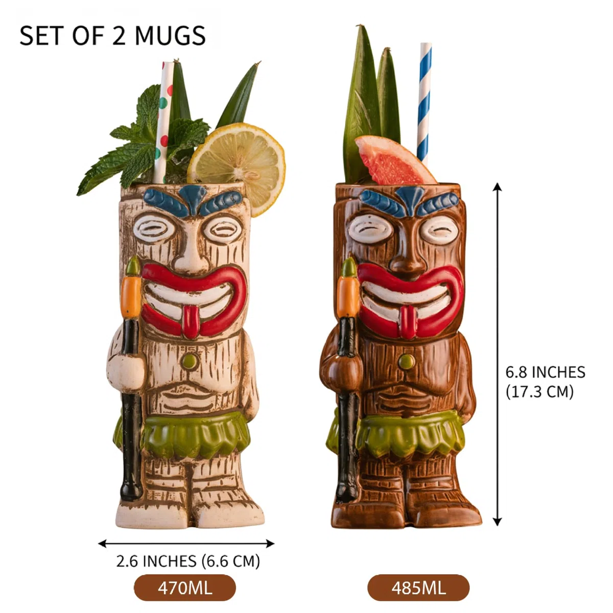 Set da 2 tazze da cocktail Tiki, tazze Tiki in ceramica dal design unico, bicchieri hawaiani per decorazioni per feste tropicali, bicchieri da cocktail per bar di casa, stile 1