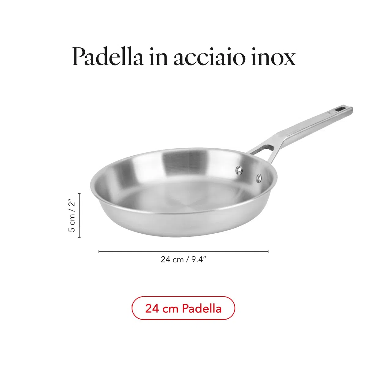 Florina Padella in acciaio inox LUCIDA | 28 CM | 3 strati | Nucleo in alluminio | Adatta al forno | Manico ergonomico | Finitura a specchio | Per tutti i piani cottura