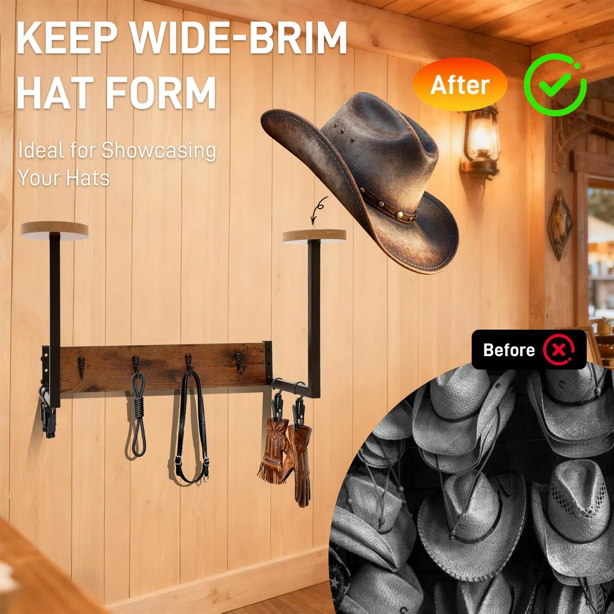 Porta Casco da Parete Appendi Casco Moto da Parete Porta Cappelli in Legno, 2 Supporti per Casco Tattico, 4 Ganci in Metallo e Clip, Appendiabiti per Cappelli, Asciugamani, Borse, Sciarpe