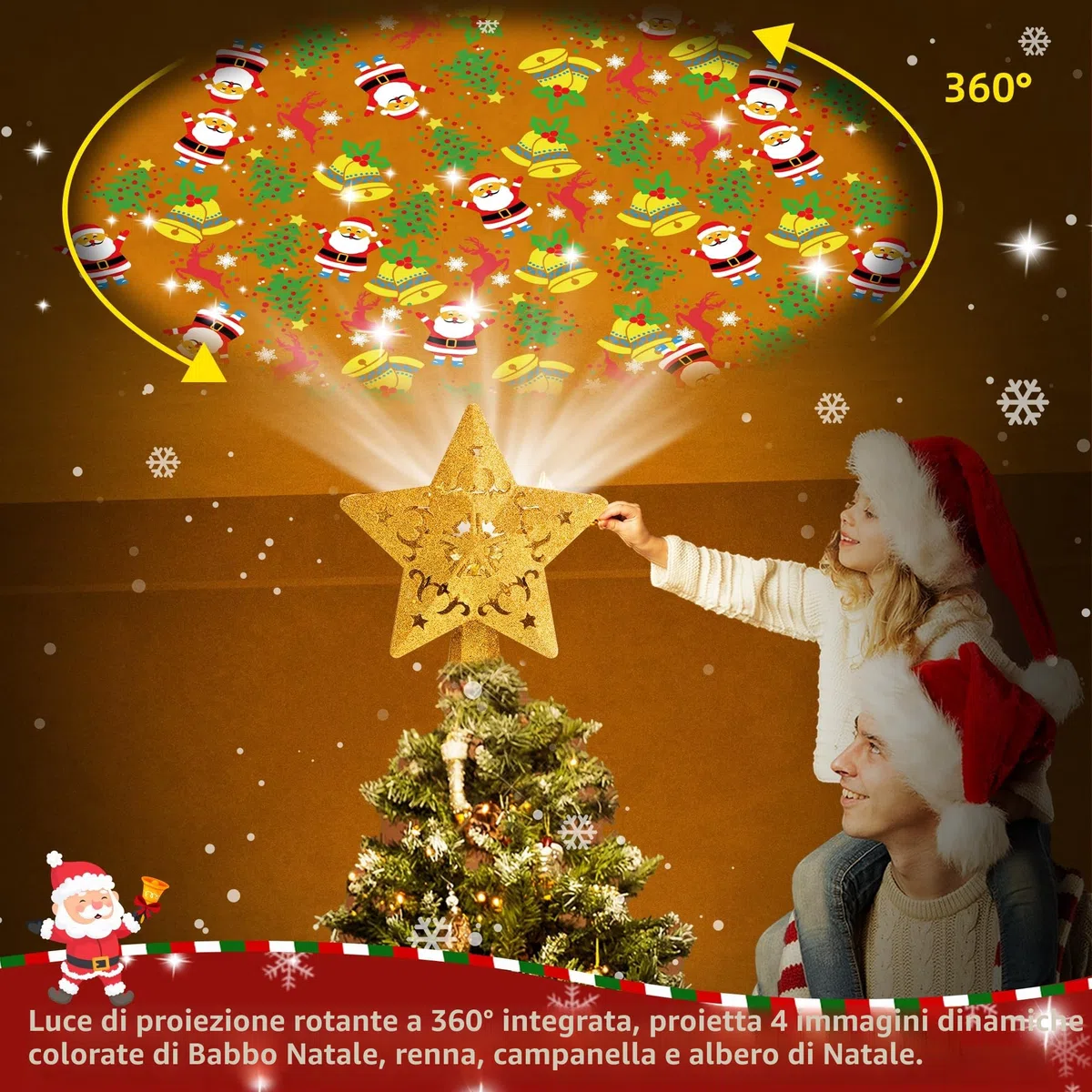 Puntale Stella Albero di Natale, Punta dell'Albero con Proiettore LED Rotante Incorporato, Tree Topper, Stella Albero Superiore, Cima dell'Albero a Stella Decorazione per l'albero di Natale