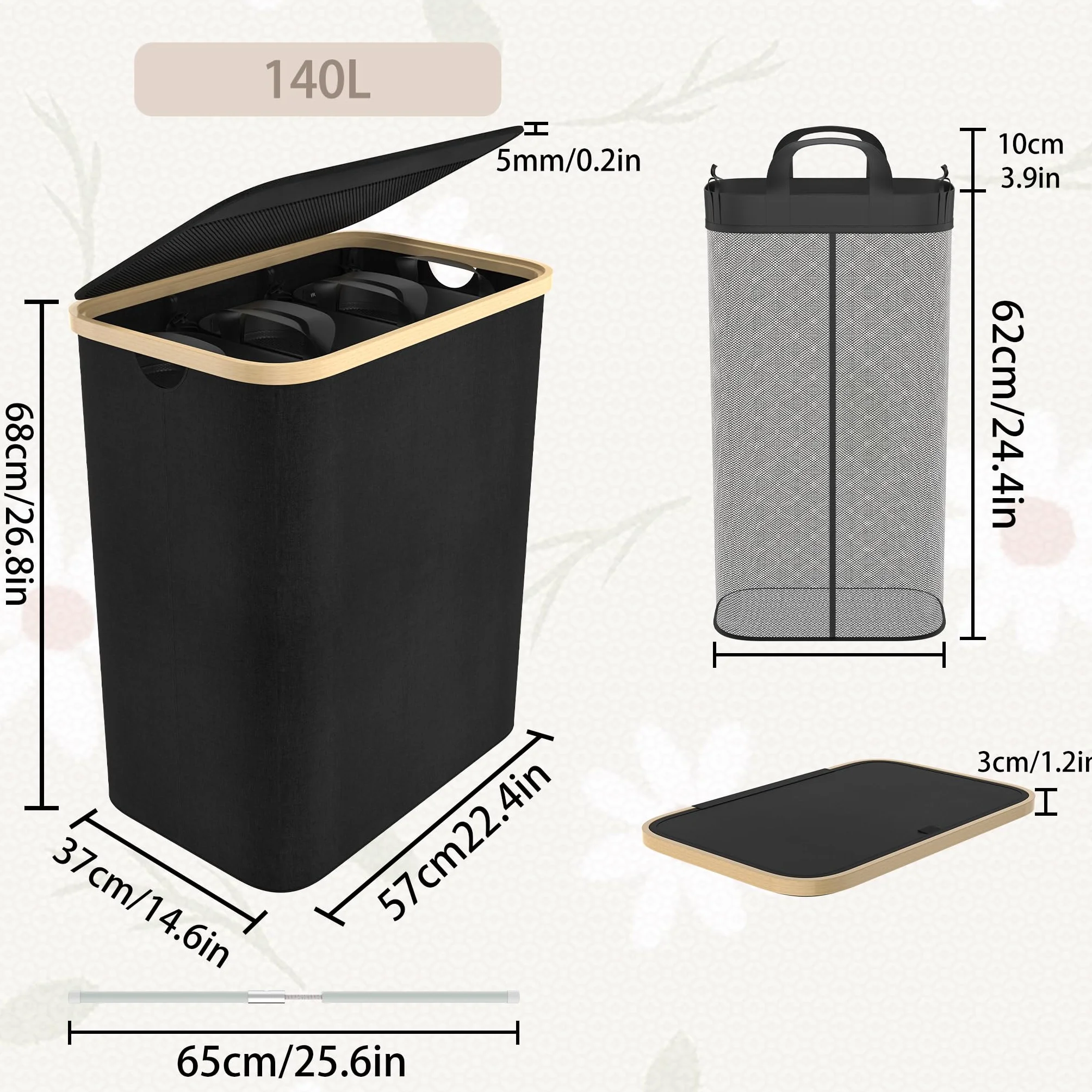 Froadp Cesto portabiancheria a 3 scomparti, pieghevole da 140 l, con coperchio per bagno e camera da letto, robusto cestino con maniglie, 3 sacchetti lavabili (nero)