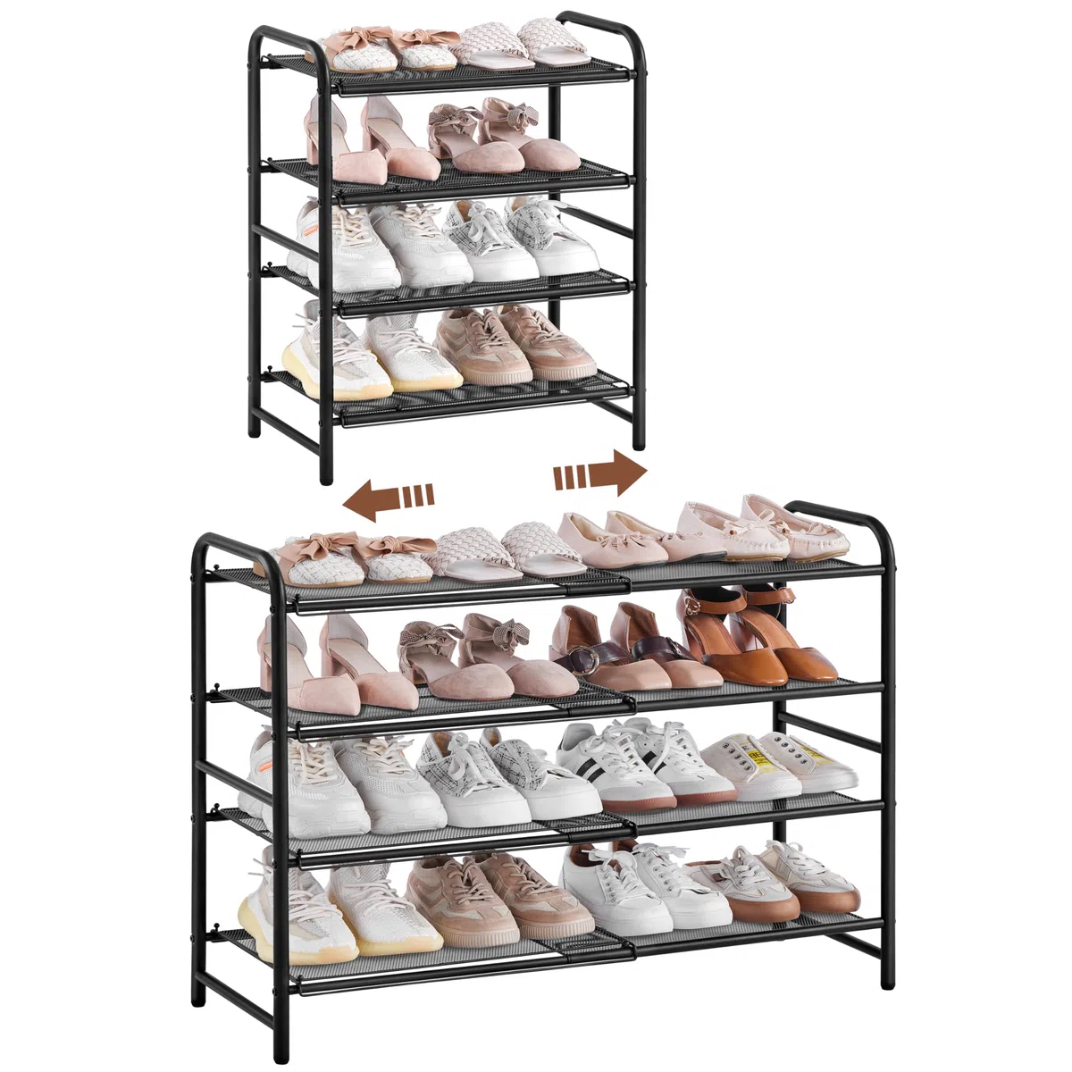 Yaheetech Scarpiera Estensibile in Rete Metallica Organizer Scarpe Ventilato Moderno per Ingresso Corridoio o Spogliatoio Capacità 15-20 Paia di Scarpe (Nero, 4 Livelli)