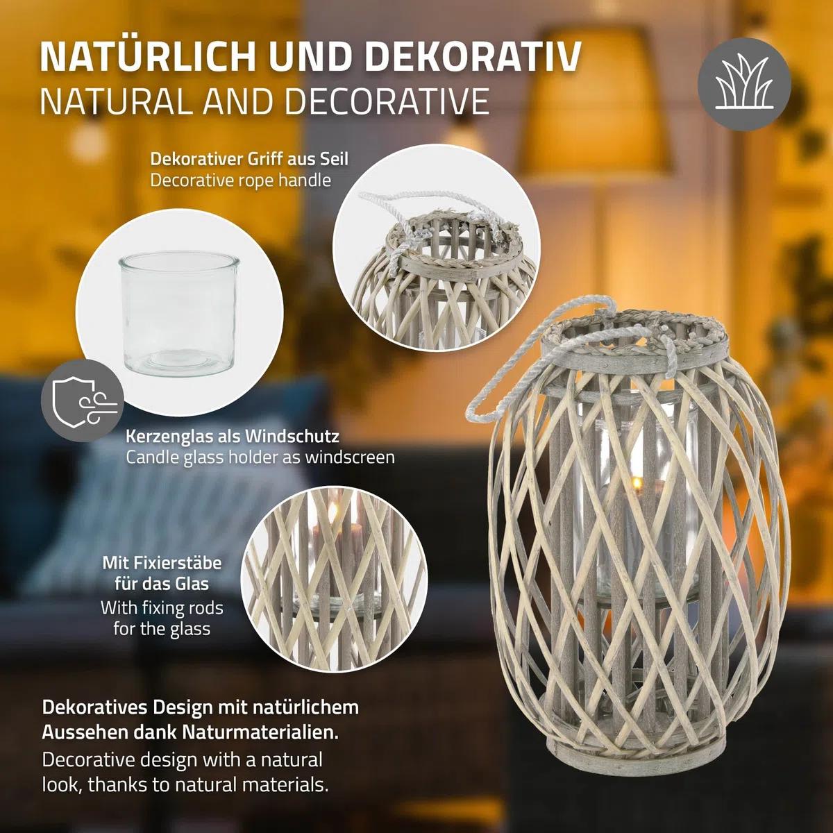 ECD Germany Lanterna Decorativa con Manico 40 x Ø 26 cm Legno Naturale Grigio/Marrone con Vimini Portacandele Rustica con Inserto in Vetro retrò da Giardino Terazza o Balcone per Interno o Esterno